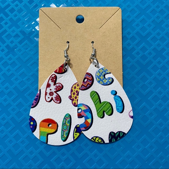 Faux Leather Teardrop ABC Teacher Rainbow Earrings - Picture 2 of 4